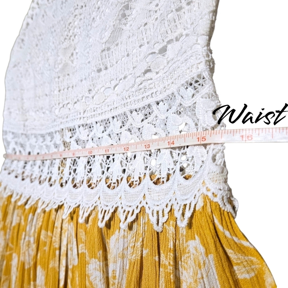 Wmns Crochet & Yellow Floral Sundress Sz LG Lace Cutout Feminine Coquette Boho - Picture 13 of 16